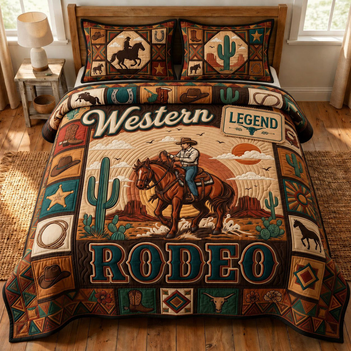 Western Rodeo quilted 3-piece bedding set on a made bed in a rustic timber bedroom