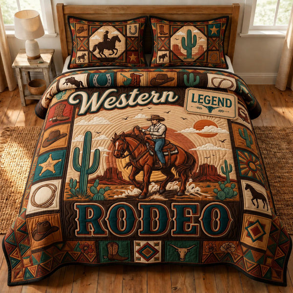 Western Rodeo quilted 3-piece bedding set on a made bed in a rustic timber bedroom