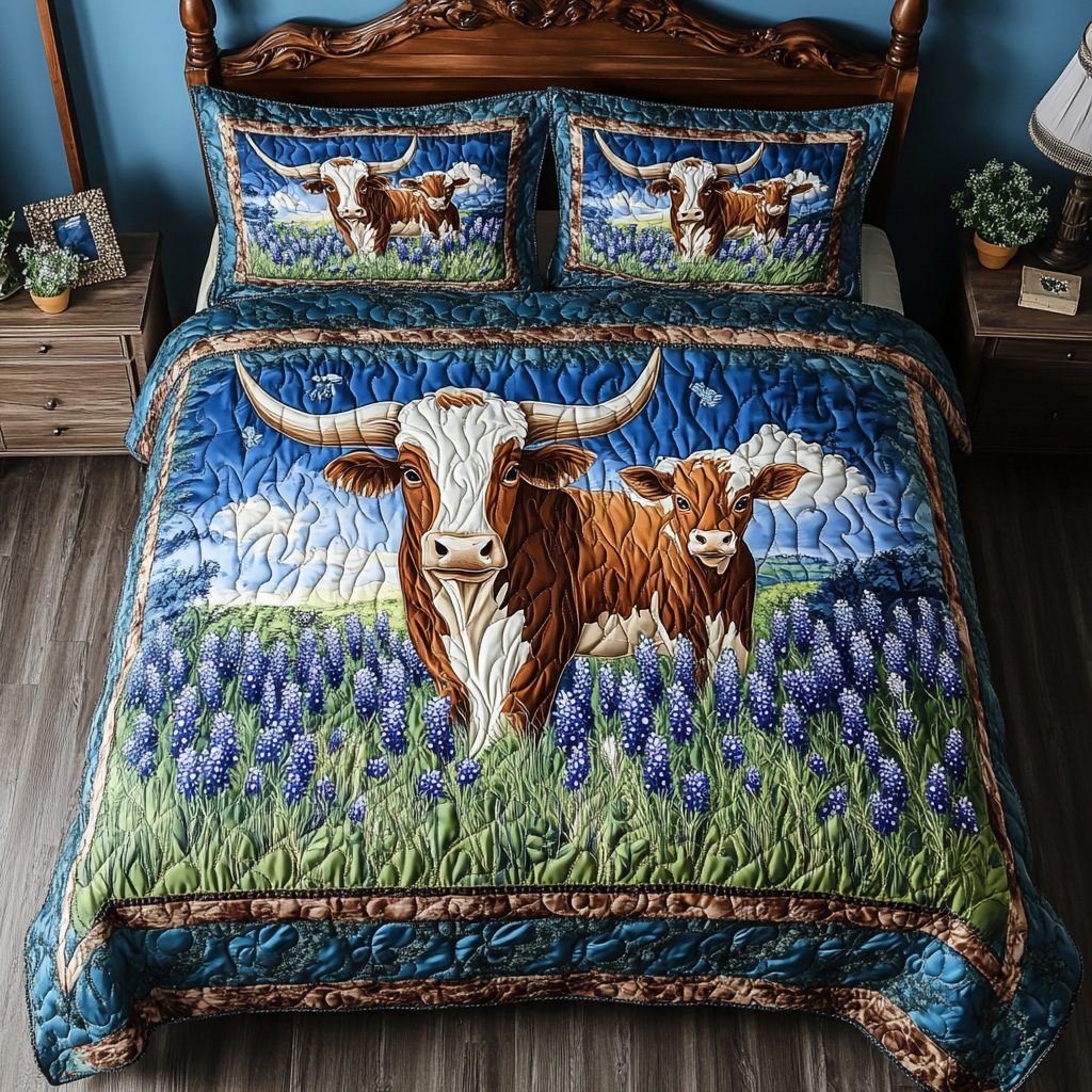 Western Roots quilted 3-piece bedding set on a made bed in a rustic timber bedroom