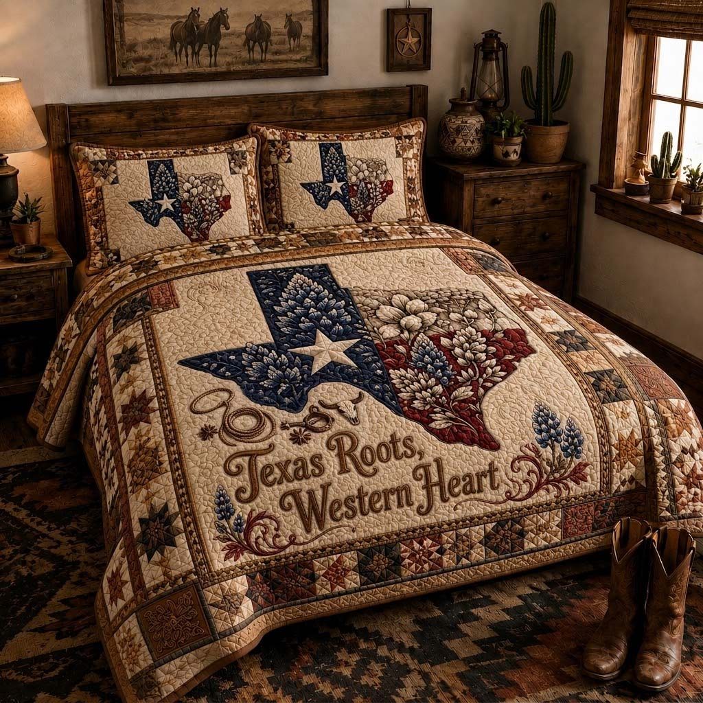 Western Roots quilted 3-piece bedding set on a made bed in a rustic timber bedroom