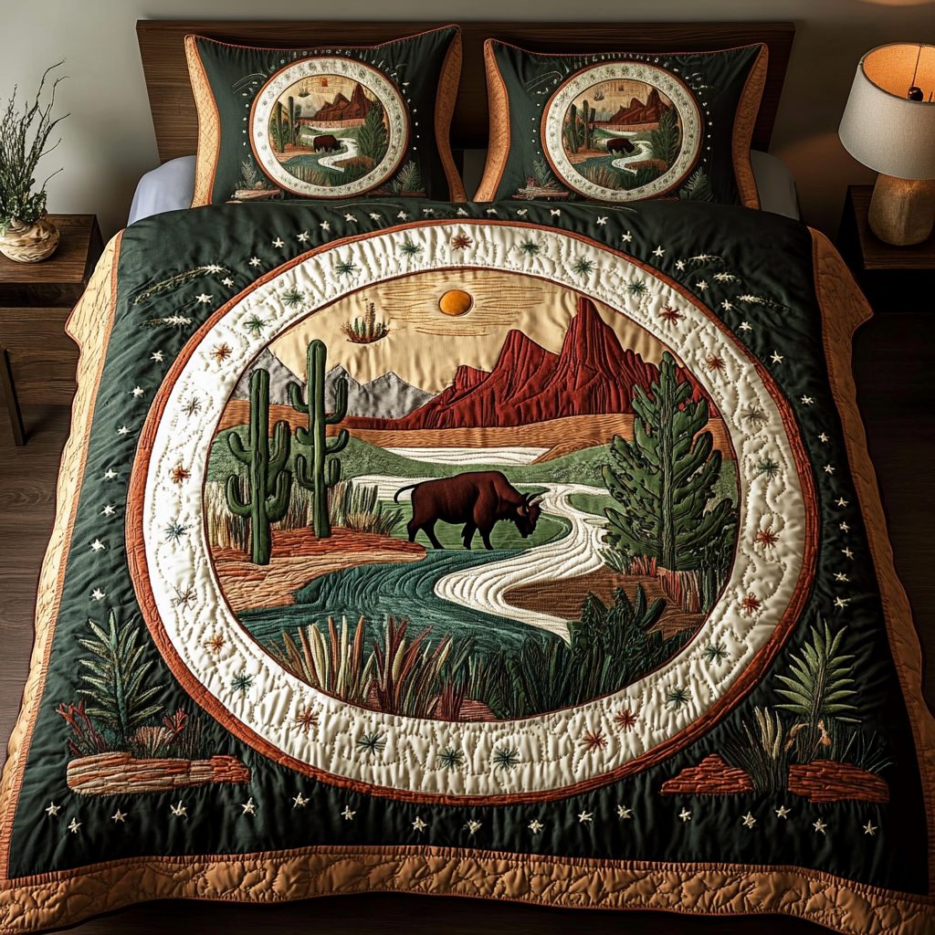 Western Serenity quilted 3-piece bedding set on a made bed in a rustic timber bedroom