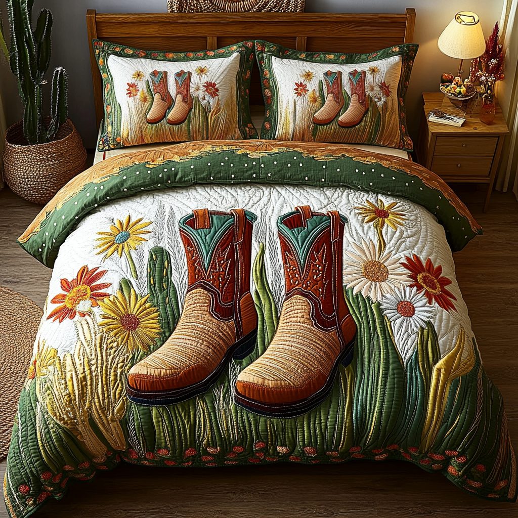 Western Serenity quilted 3-piece bedding set on a made bed in a rustic timber bedroom