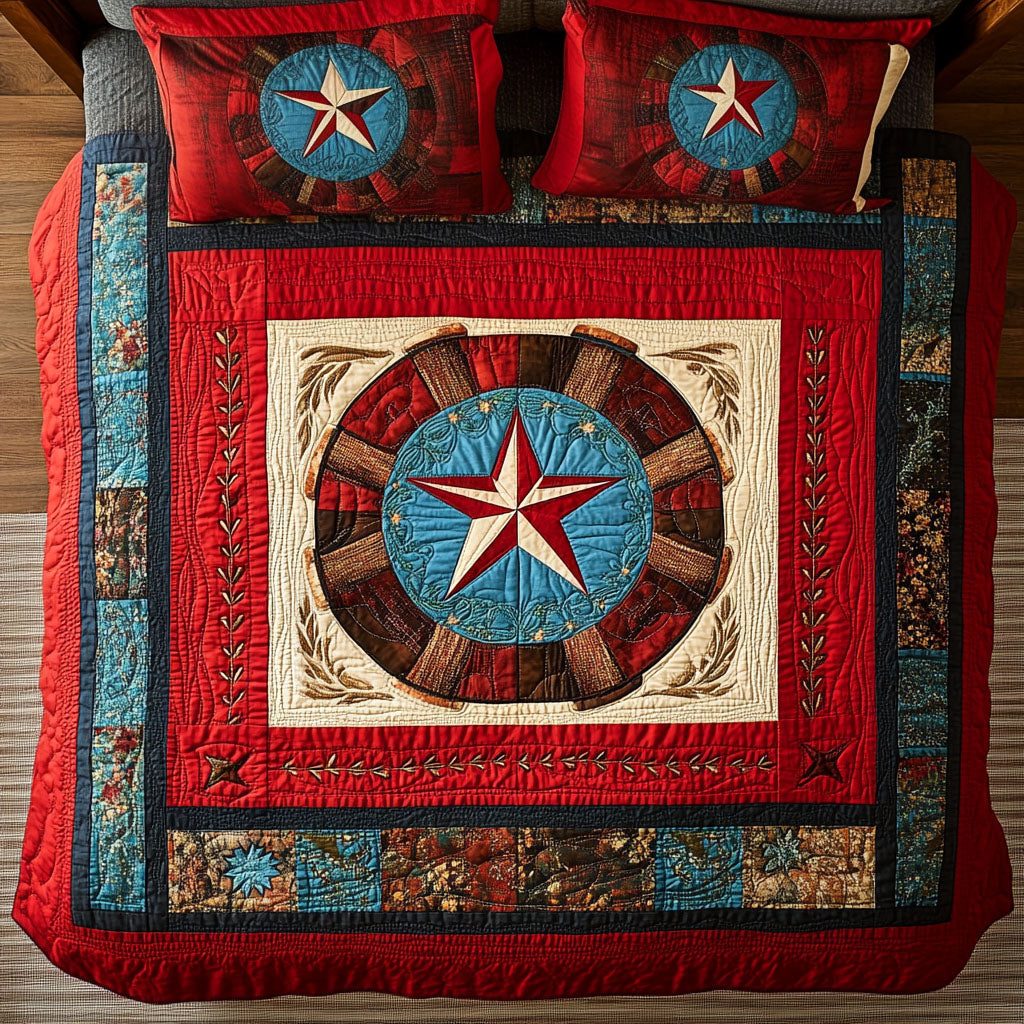 Western Skies quilted 3-piece bedding set on a made bed in a rustic timber bedroom