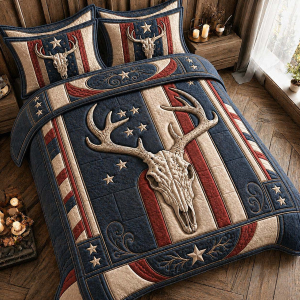 Western Skull quilted 3-piece bedding set on a made bed against a dark styled interior