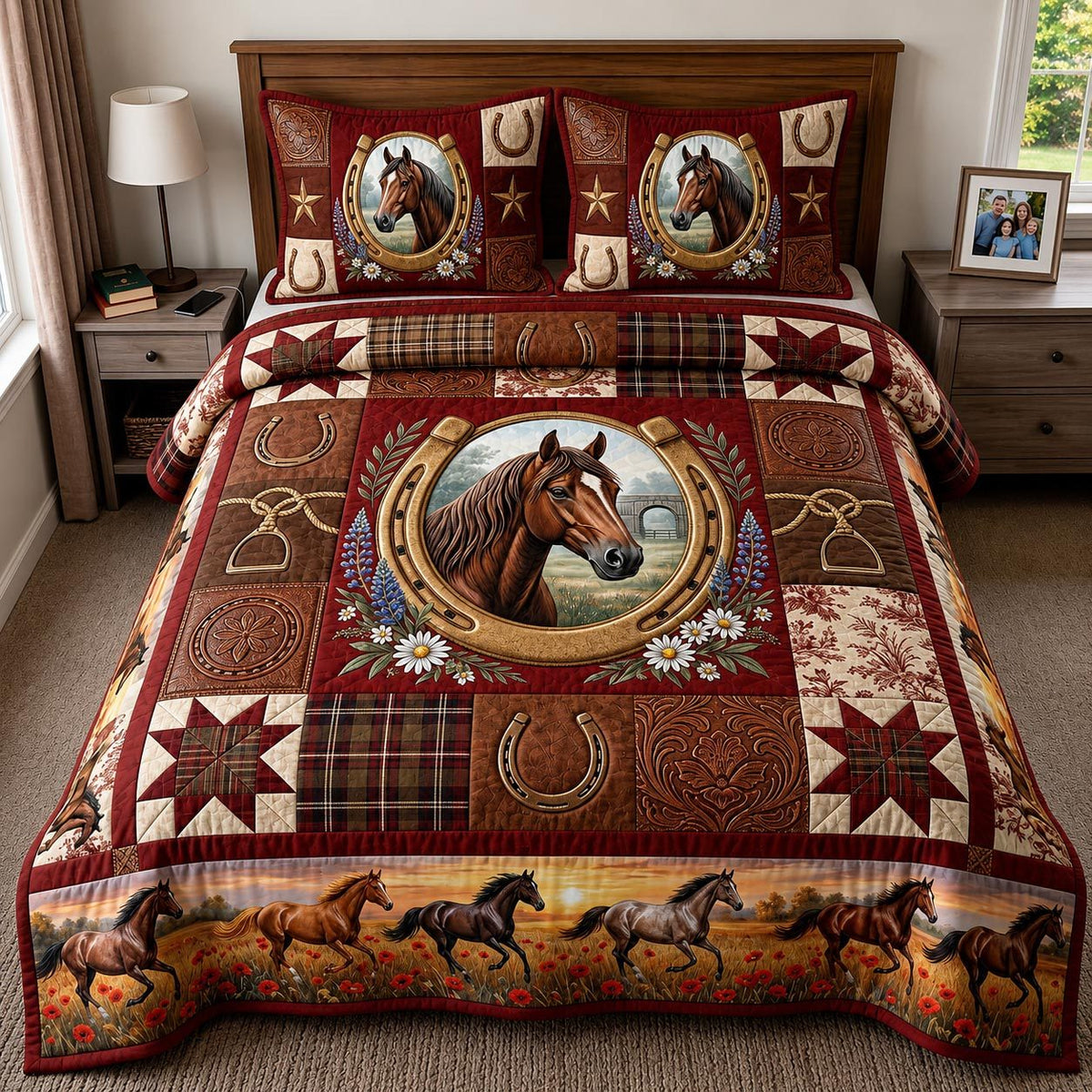 Western Soul quilted 3-piece bedding set on a made bed in a rustic timber bedroom