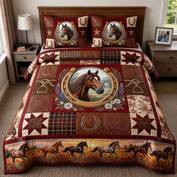 Western Soul quilted 3-piece bedding set on a made bed in a rustic timber bedroom