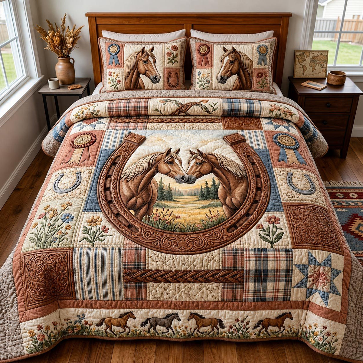 Western Soul quilted 3-piece bedding set on a made bed in a rustic timber bedroom
