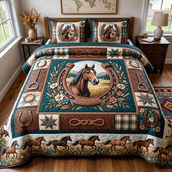 Western Soul quilted 3-piece bedding set on a made bed in a rustic timber bedroom