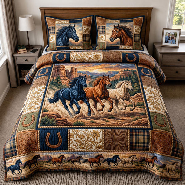 Western Soul quilted 3-piece bedding set on a made bed in a rustic timber bedroom