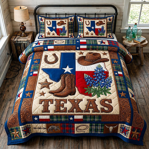 Western Soul quilted 3-piece bedding set on a made bed in a rustic timber bedroom