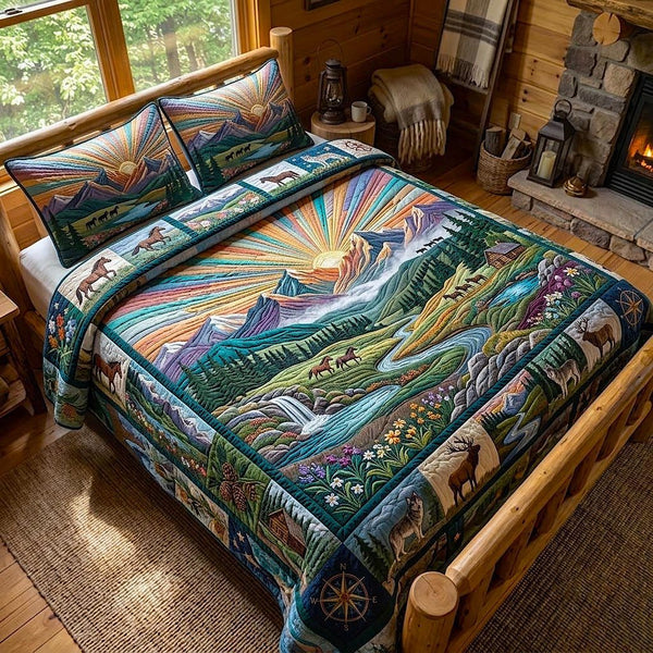 Western Soul quilted 3-piece bedding set on a made bed in a rustic timber bedroom