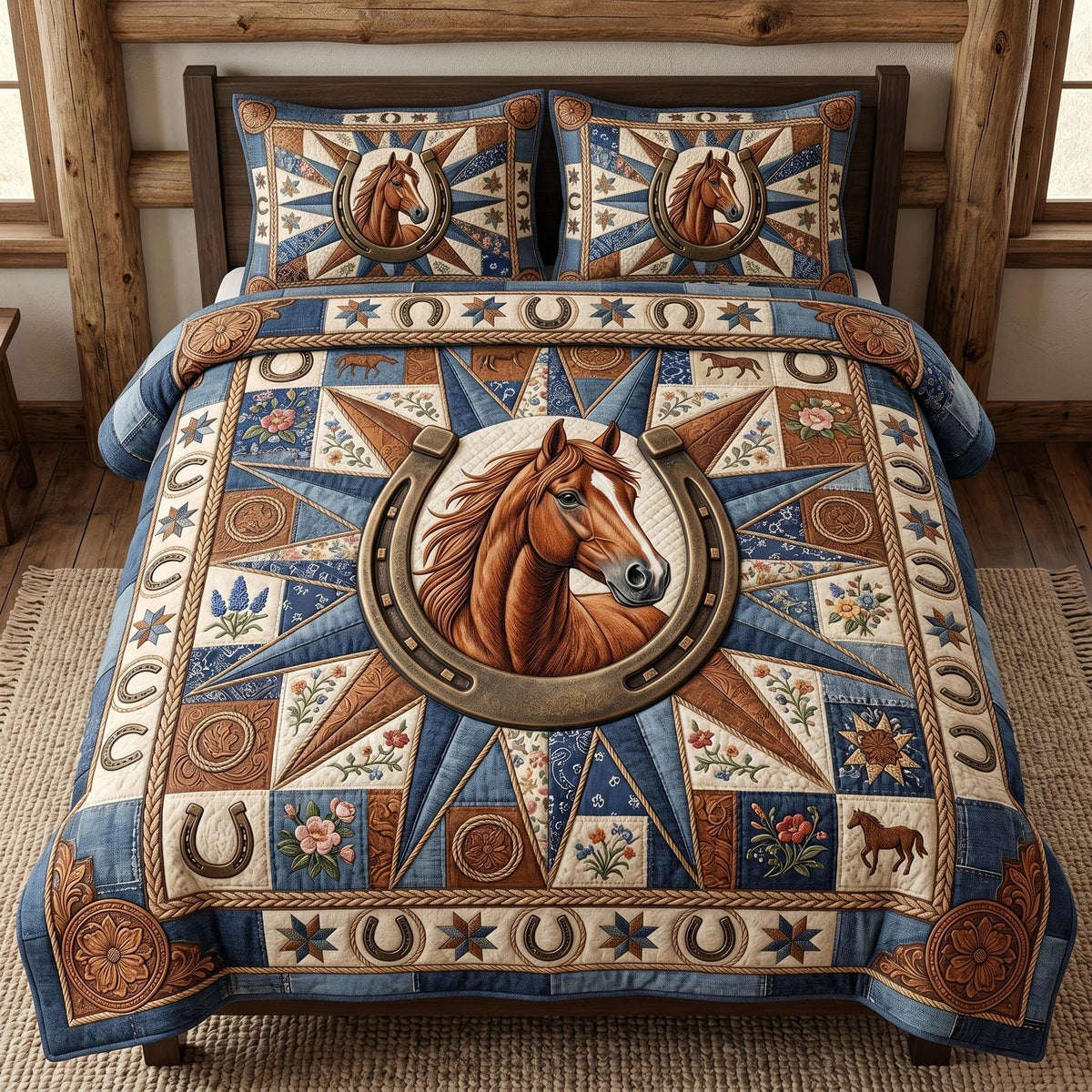 Western Soul quilted 3-piece bedding set on a made bed in a rustic timber bedroom