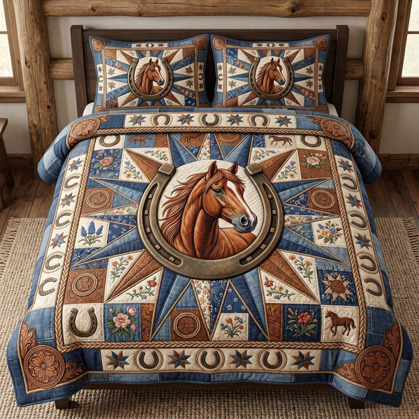 Western Soul quilted 3-piece bedding set on a made bed in a rustic timber bedroom