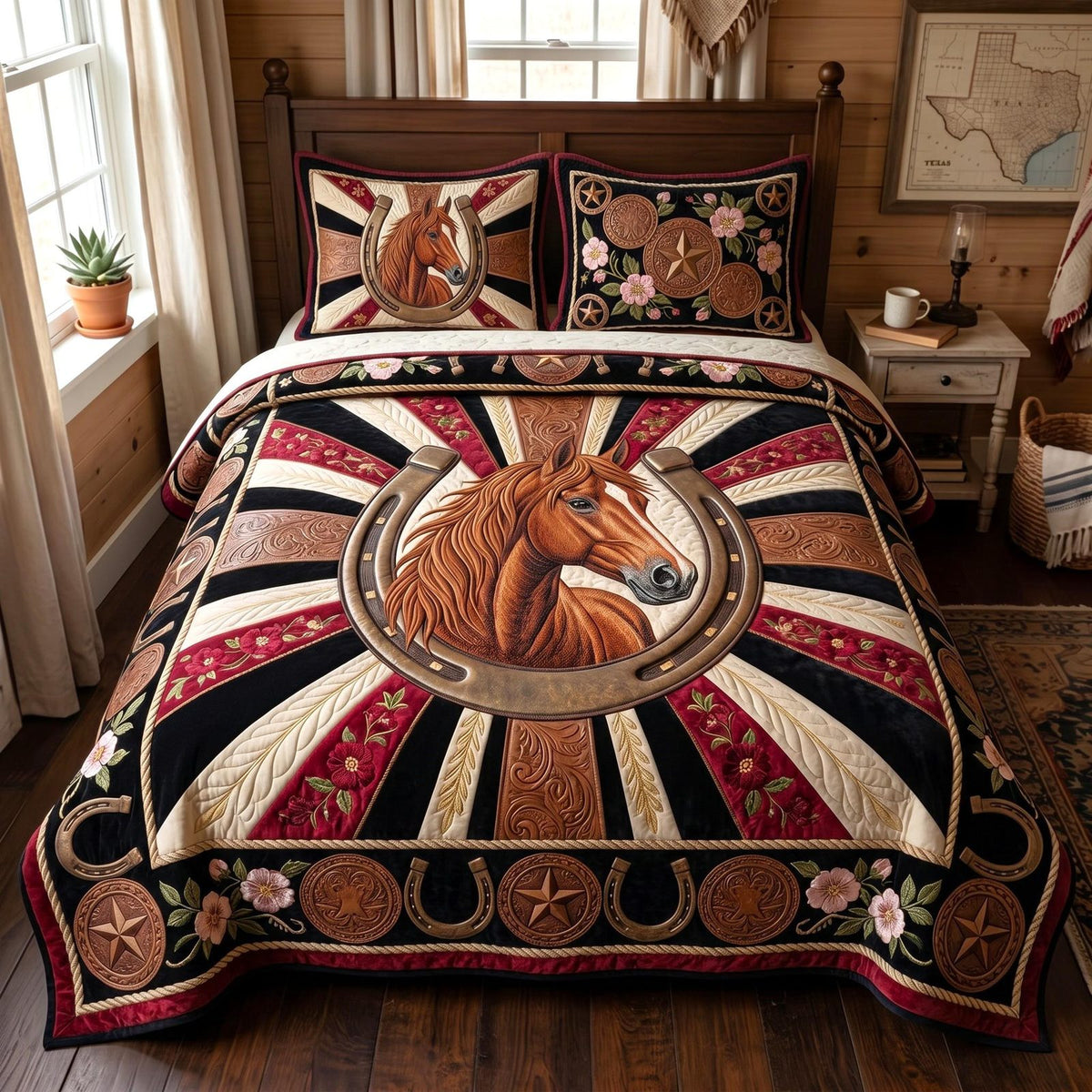 Western Soul quilted 3-piece bedding set on a made bed in a rustic timber bedroom