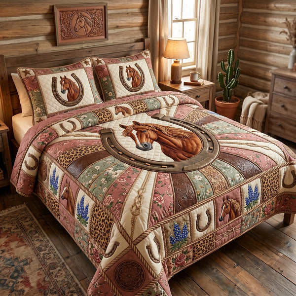 Western Soul quilted 3-piece bedding set on a made bed in a rustic timber bedroom