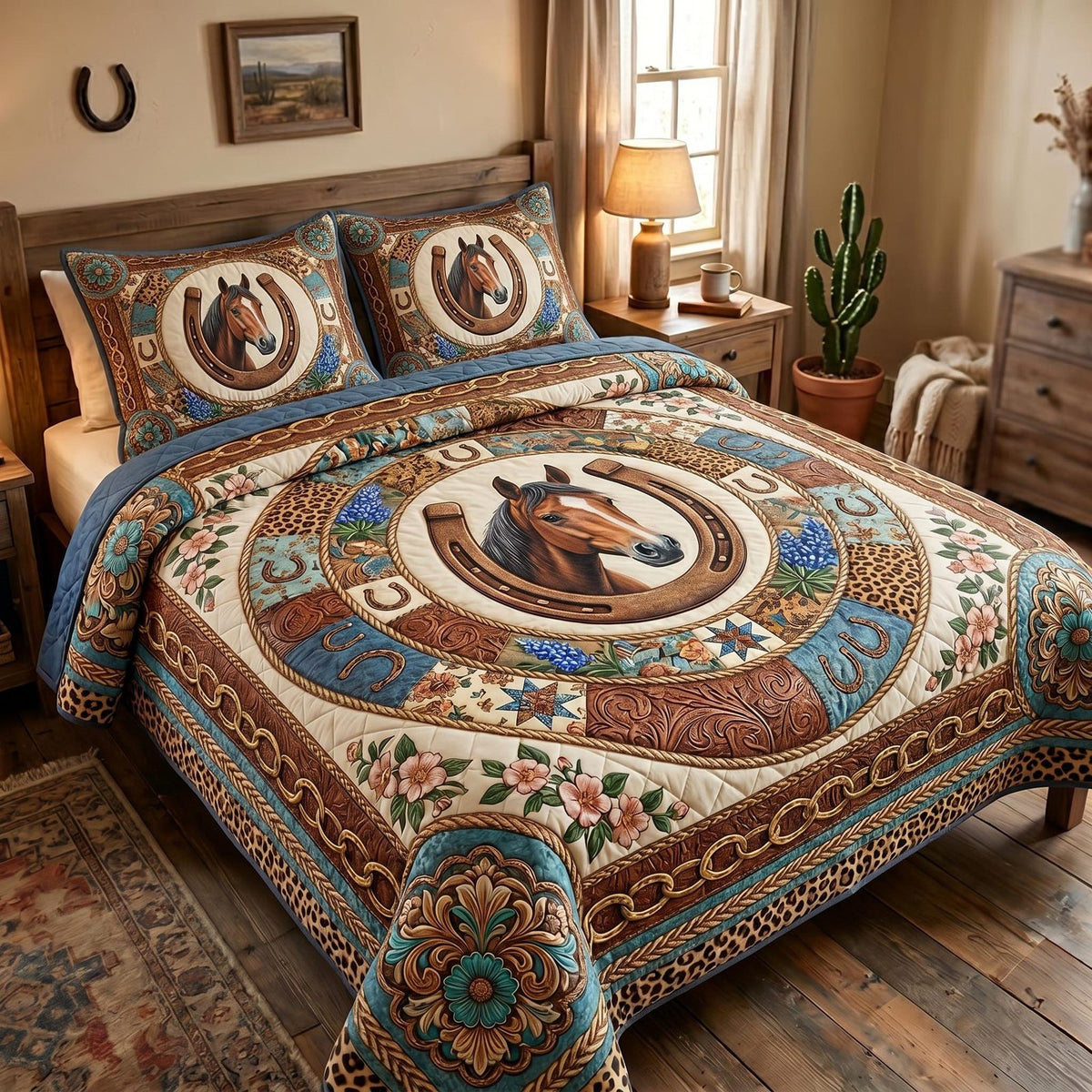 Western Soul quilted 3-piece bedding set on a made bed in a rustic timber bedroom