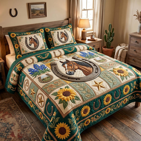 Western Soul quilted 3-piece bedding set on a made bed in a rustic timber bedroom