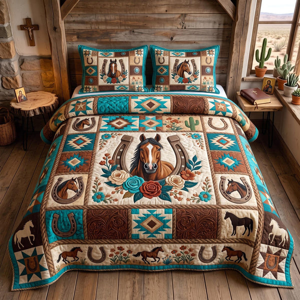Western Soul quilted 3-piece bedding set on a made bed in a rustic timber bedroom