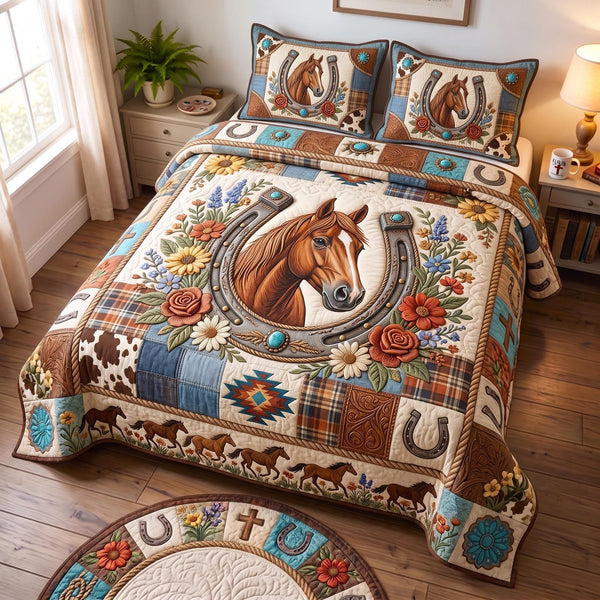 Western Soul quilted 3-piece bedding set on a made bed in a rustic timber bedroom