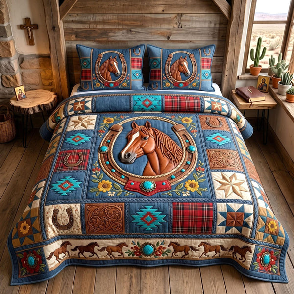 Western Soul quilted 3-piece bedding set on a made bed in a rustic timber bedroom
