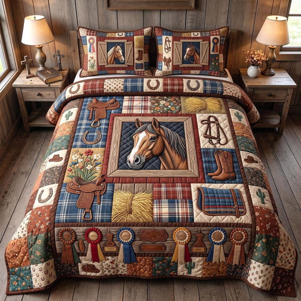 Western Soul quilted 3-piece bedding set on a made bed in a rustic timber bedroom
