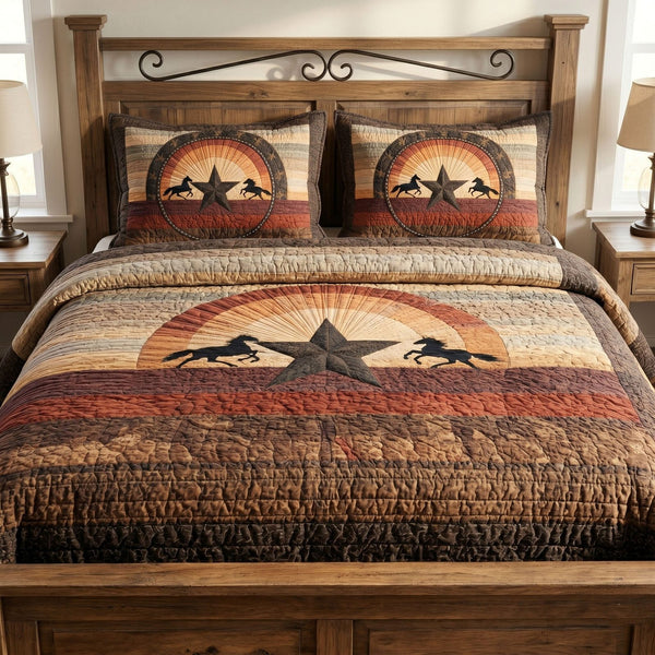 Western Soul quilted 3-piece bedding set on a made bed in a rustic timber bedroom