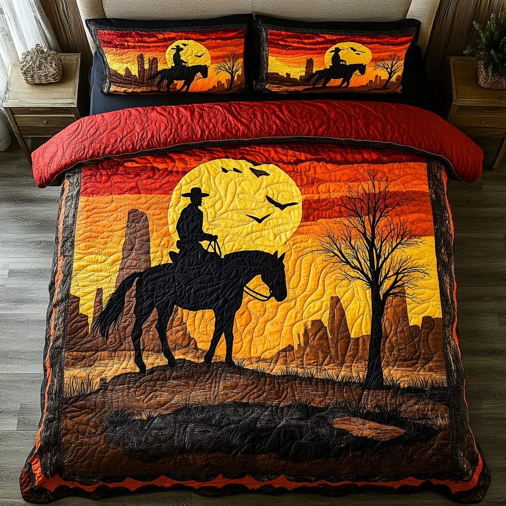 Western Spirit quilted 3-piece bedding set on a made bed in a rustic timber bedroom