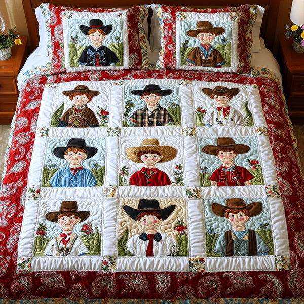 Western Spirit quilted 3-piece bedding set on a made bed in a rustic timber bedroom