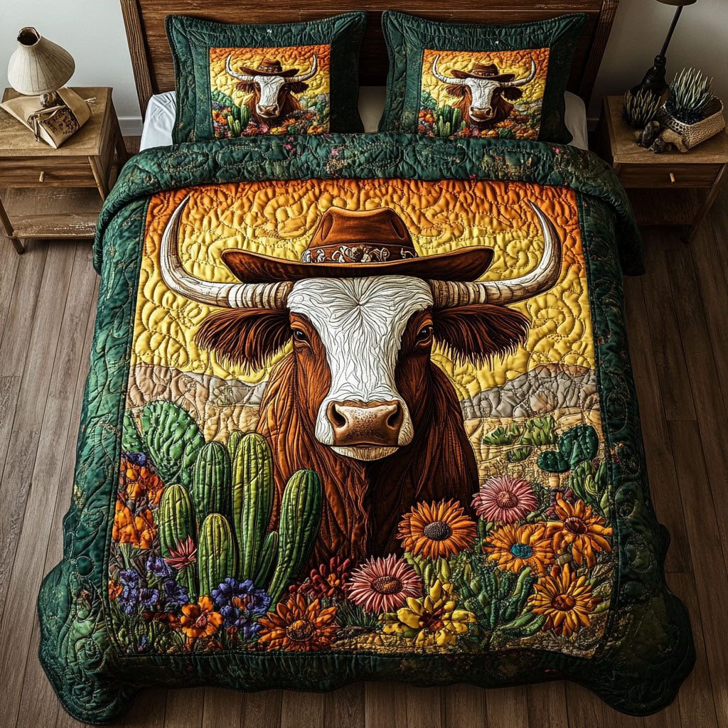 Western Spirit quilted 3-piece bedding set on a made bed in a rustic timber bedroom