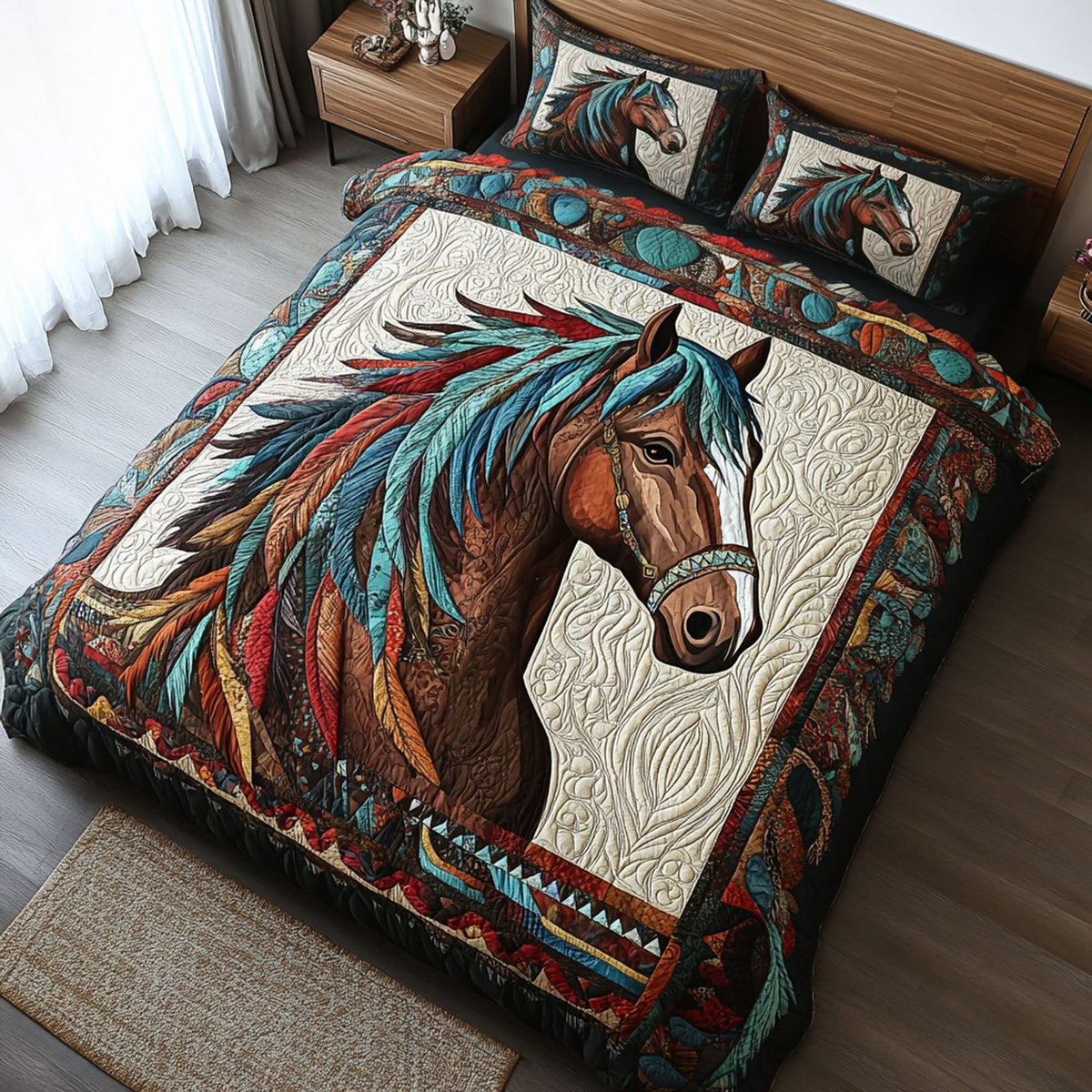 Western Spirit quilted 3-piece bedding set on a made bed in a rustic timber bedroom