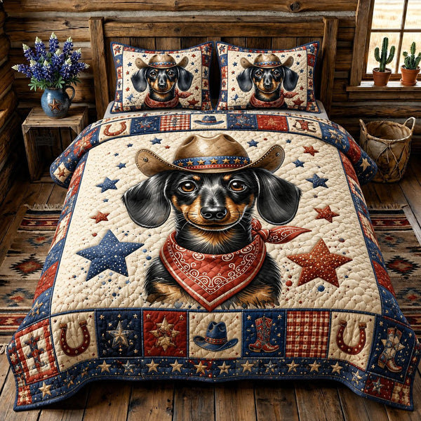 Western Star Dachshund quilted 3-piece bedding set on a made bed in a rustic timber bedroom