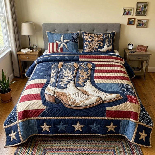 Western Star quilted 3-piece bedding set on a made bed in a rustic timber bedroom
