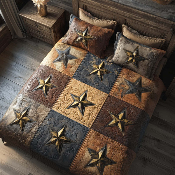 Western Star quilted 3-piece bedding set on a made bed in a rustic timber bedroom