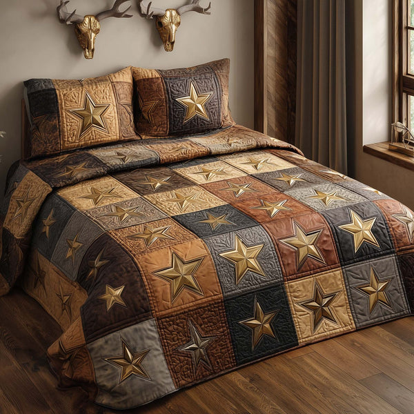 Western Star quilted 3-piece bedding set on a made bed in a rustic timber bedroom