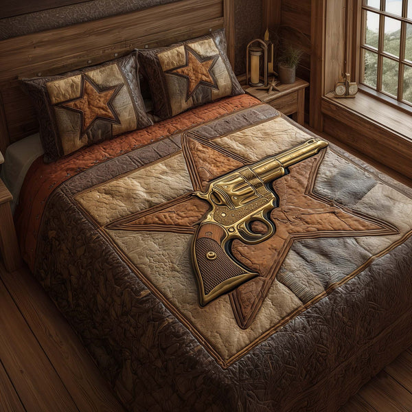 Western Star quilted 3-piece bedding set on a made bed in a rustic timber bedroom