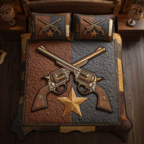 Western Star quilted 3-piece bedding set on a made bed in a rustic timber bedroom