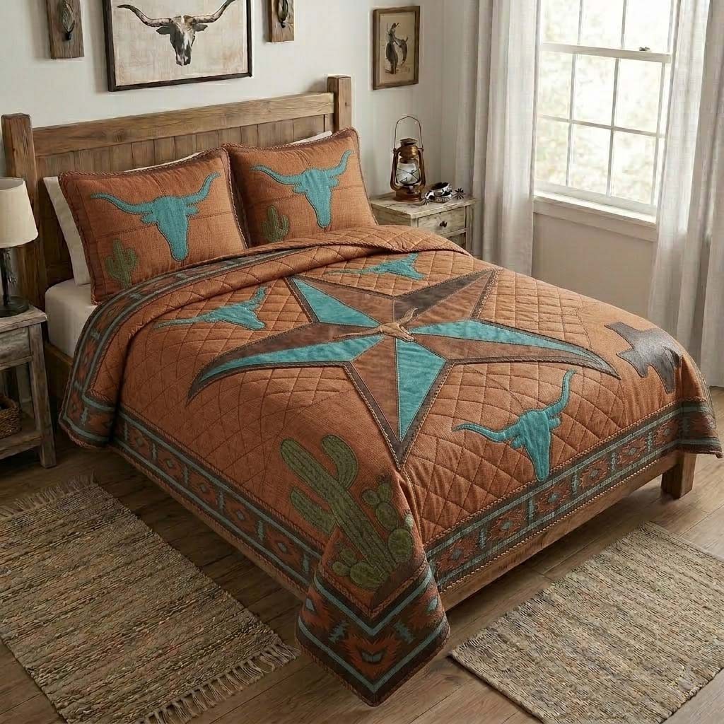 Western Star Texas quilted 3-piece bedding set on a made bed in a rustic timber bedroom