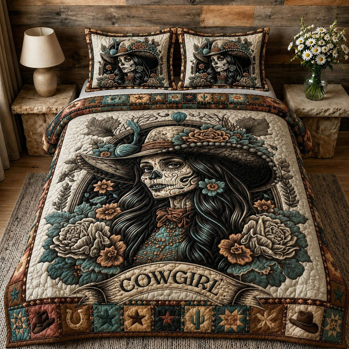Western Sugar Skull Cowgirl quilted 3-piece bedding set on a made bed against a dark styled interior