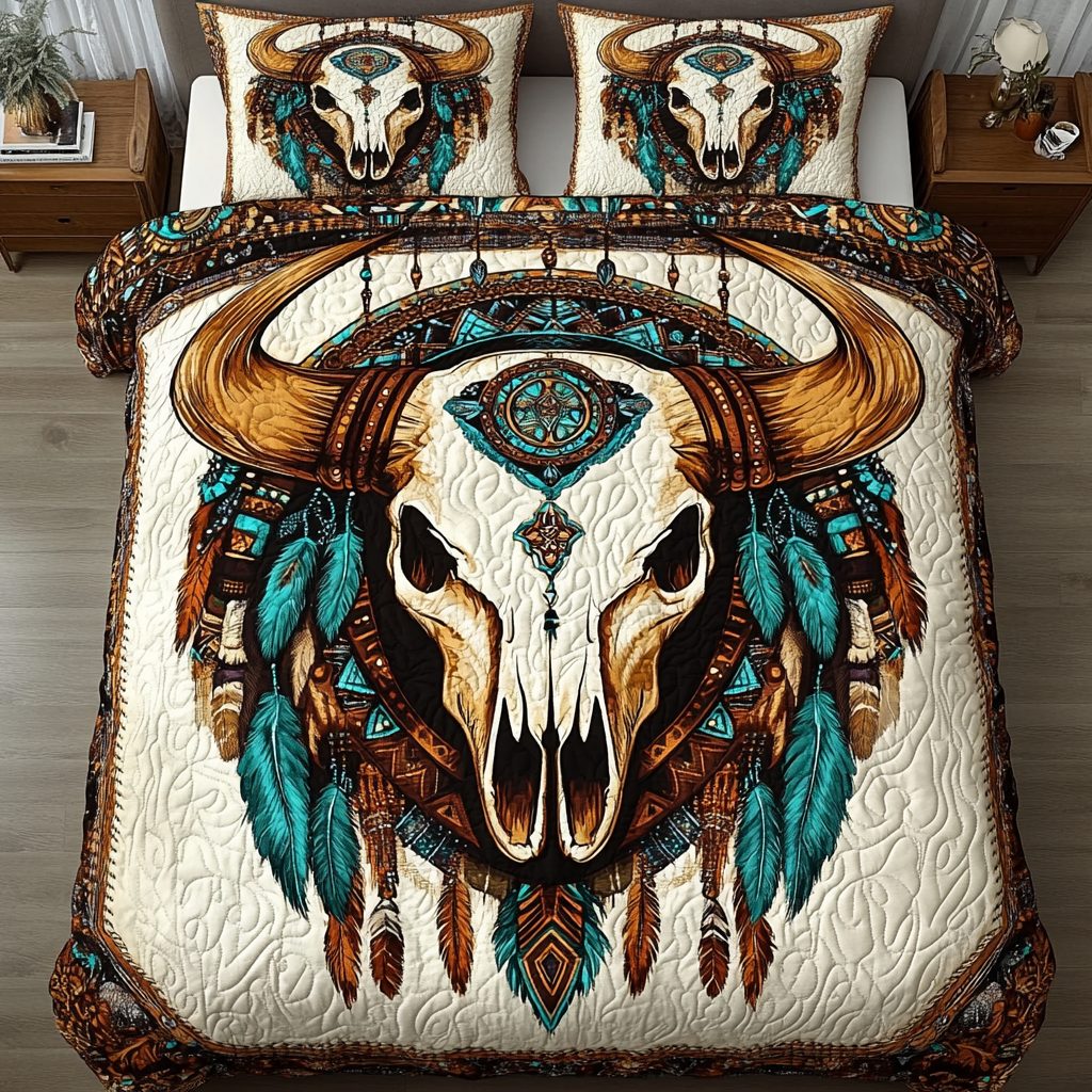 Western Totem quilted 3-piece bedding set on a made bed in a rustic timber bedroom