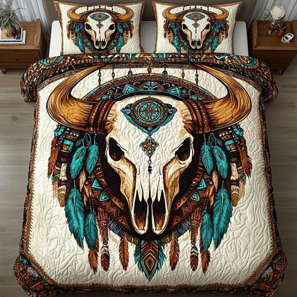 Western Totem quilted 3-piece bedding set on a made bed in a rustic timber bedroom