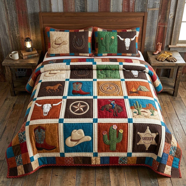 Western Trails quilted 3-piece bedding set on a made bed in a rustic timber bedroom
