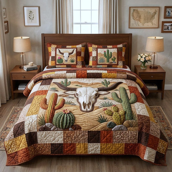 Western Trails quilted 3-piece bedding set on a made bed in a rustic timber bedroom