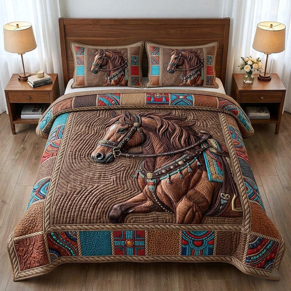 Western Trails quilted 3-piece bedding set on a made bed in a rustic timber bedroom