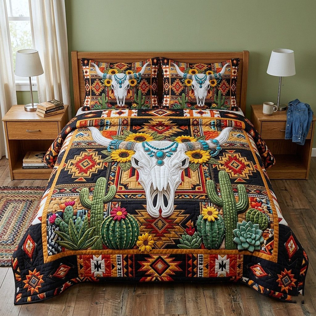 Western Trails quilted 3-piece bedding set on a made bed in a rustic timber bedroom