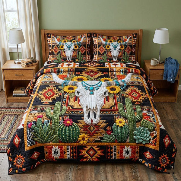 Western Trails quilted 3-piece bedding set on a made bed in a rustic timber bedroom