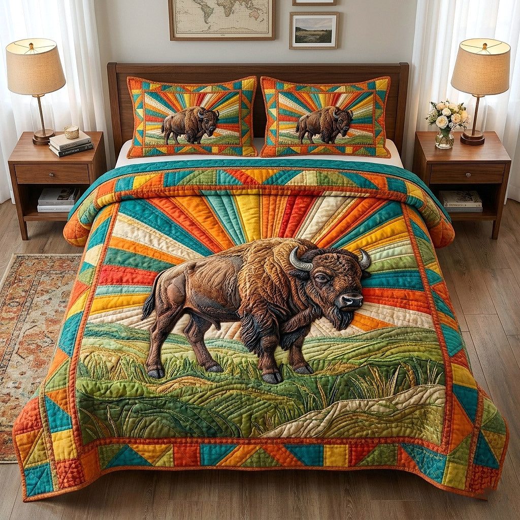 Western Trails quilted 3-piece bedding set on a made bed in a rustic timber bedroom