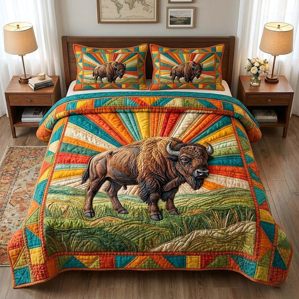 Western Trails quilted 3-piece bedding set on a made bed in a rustic timber bedroom
