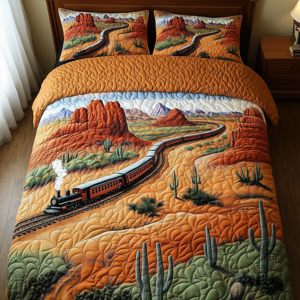 Western Train Trail quilted 3-piece bedding set on a made bed in a rustic timber bedroom