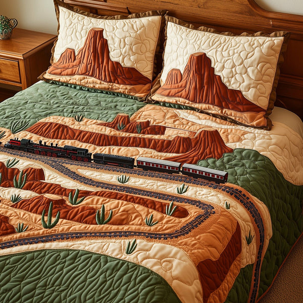 Western Train Trail quilted 3-piece bedding set on a made bed in a rustic timber bedroom
