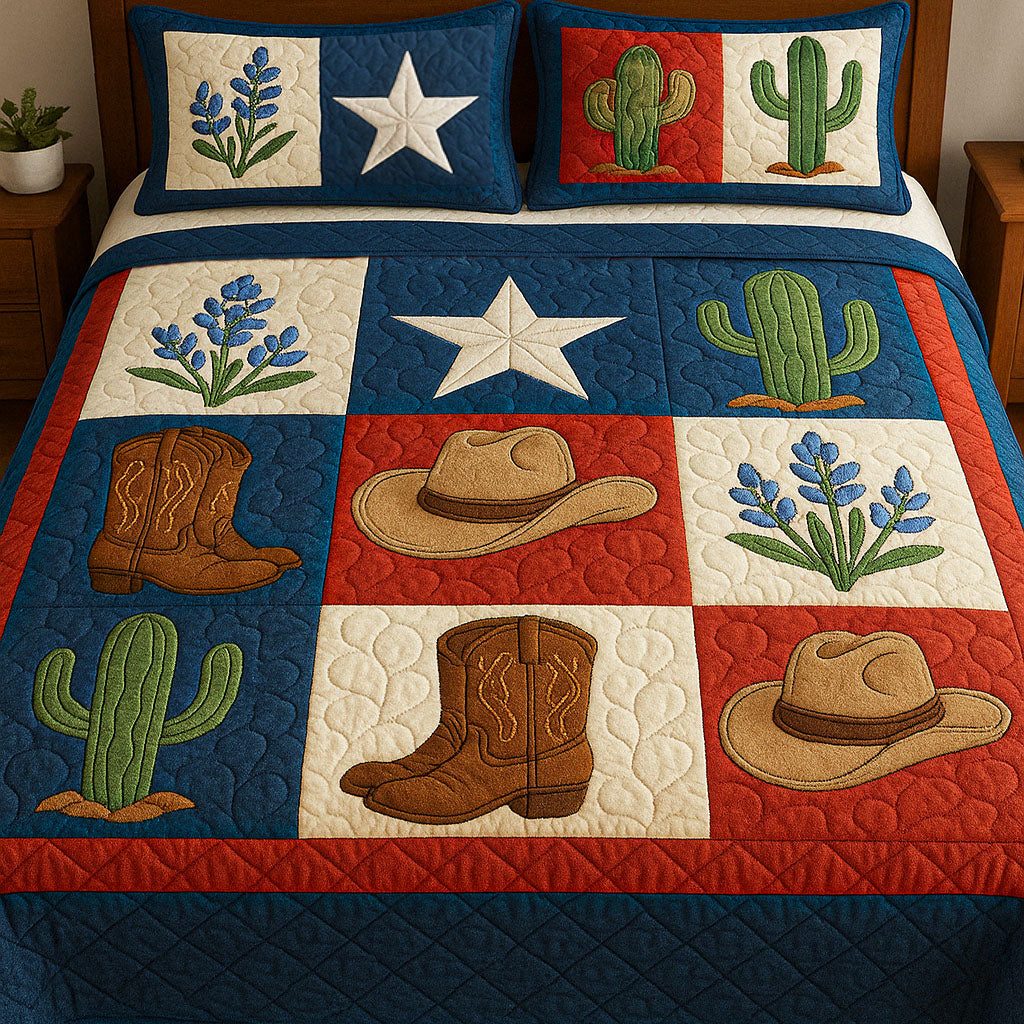 Western Vibe quilted 3-piece bedding set on a made bed in a rustic timber bedroom